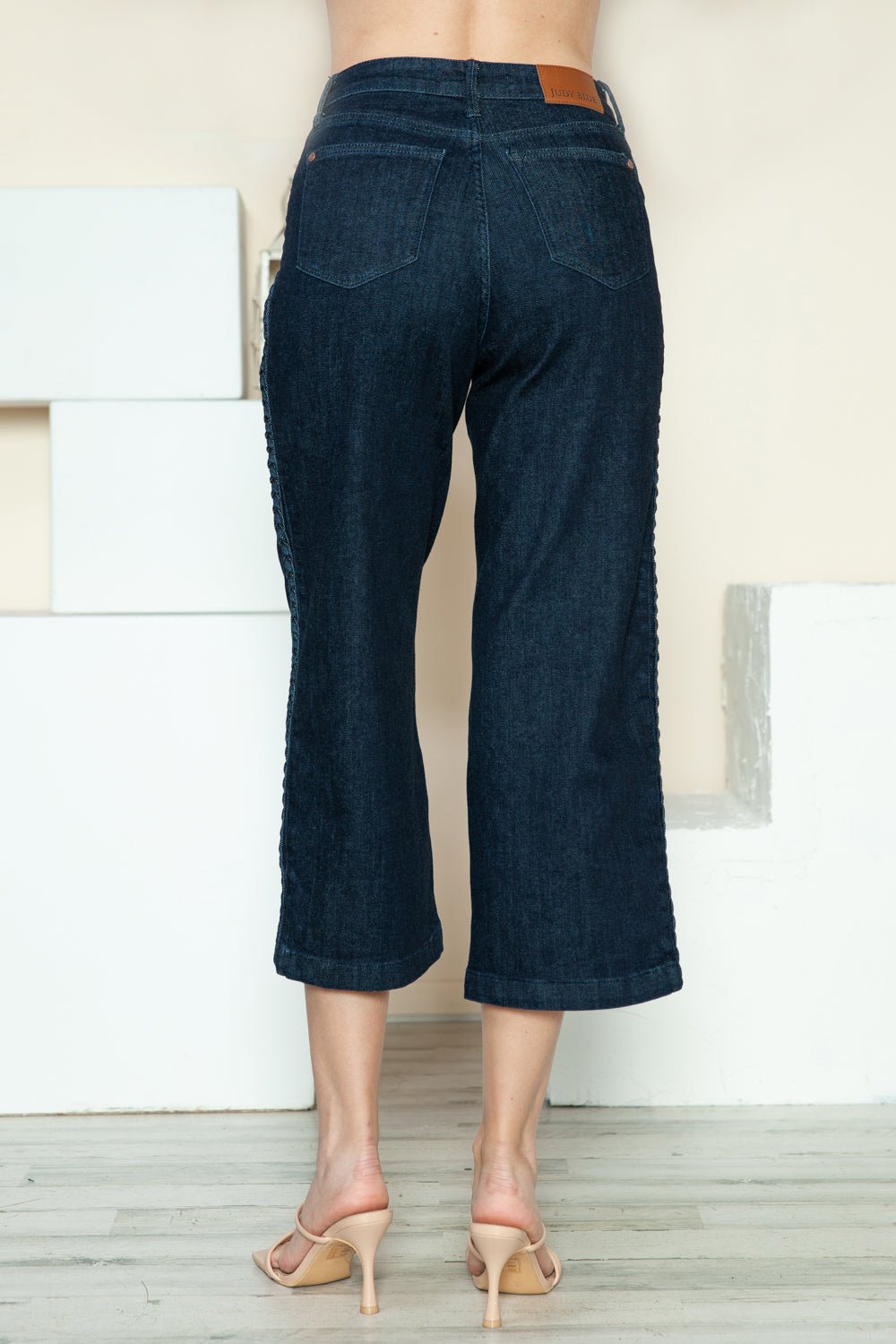 Judy Blue - Dark Wash Braid Detail Cropped Wide Leg Jeans