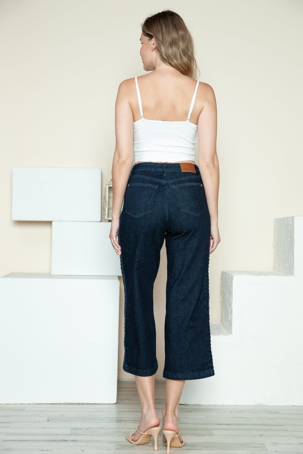 Judy Blue - Dark Wash Braid Detail Cropped Wide Leg Jeans