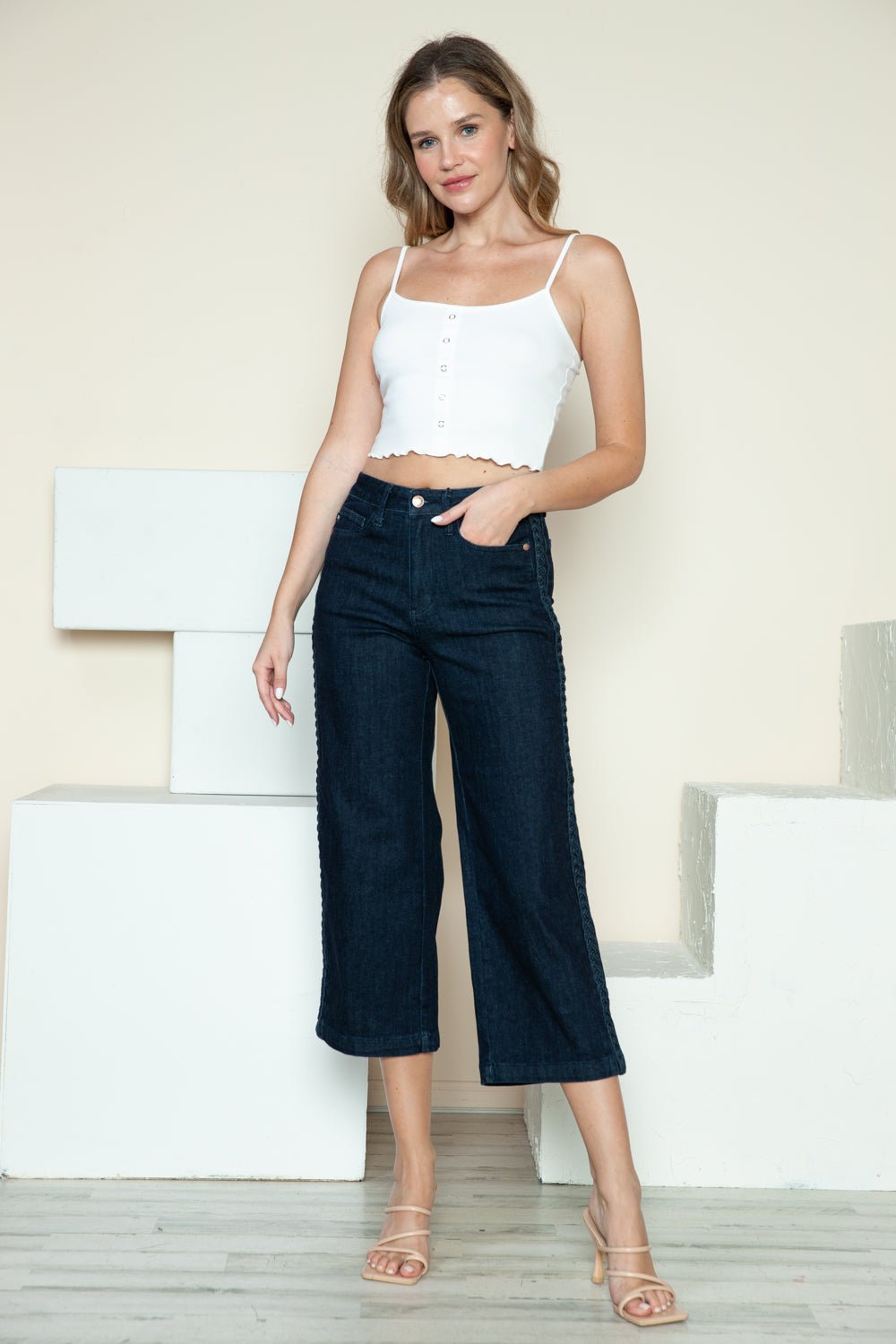 Judy Blue - Dark Wash Braid Detail Cropped Wide Leg Jeans