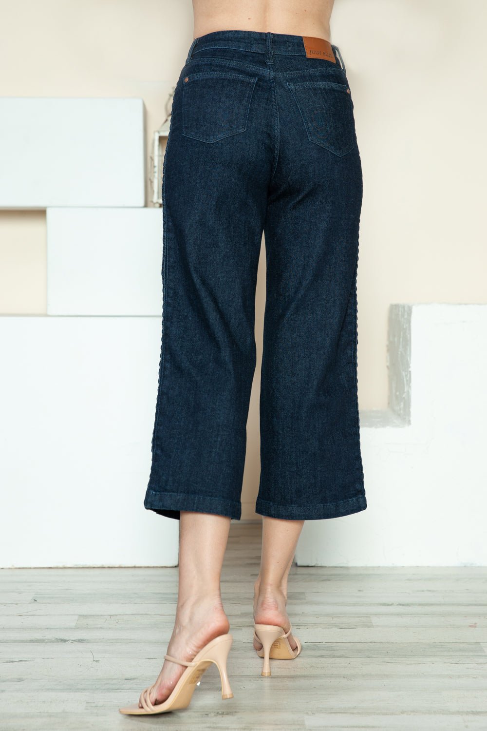 Judy Blue - Dark Wash Braid Detail Cropped Wide Leg Jeans