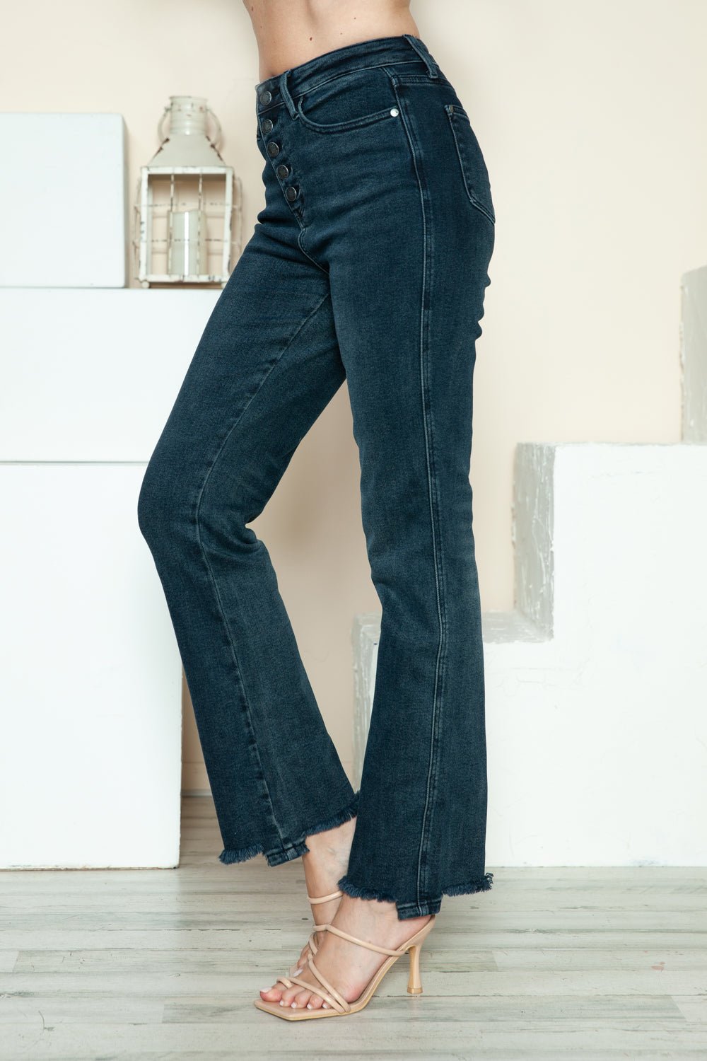 Judy Blue - Dark Wash Button Fly Raw Hem Straight Leg Jeans