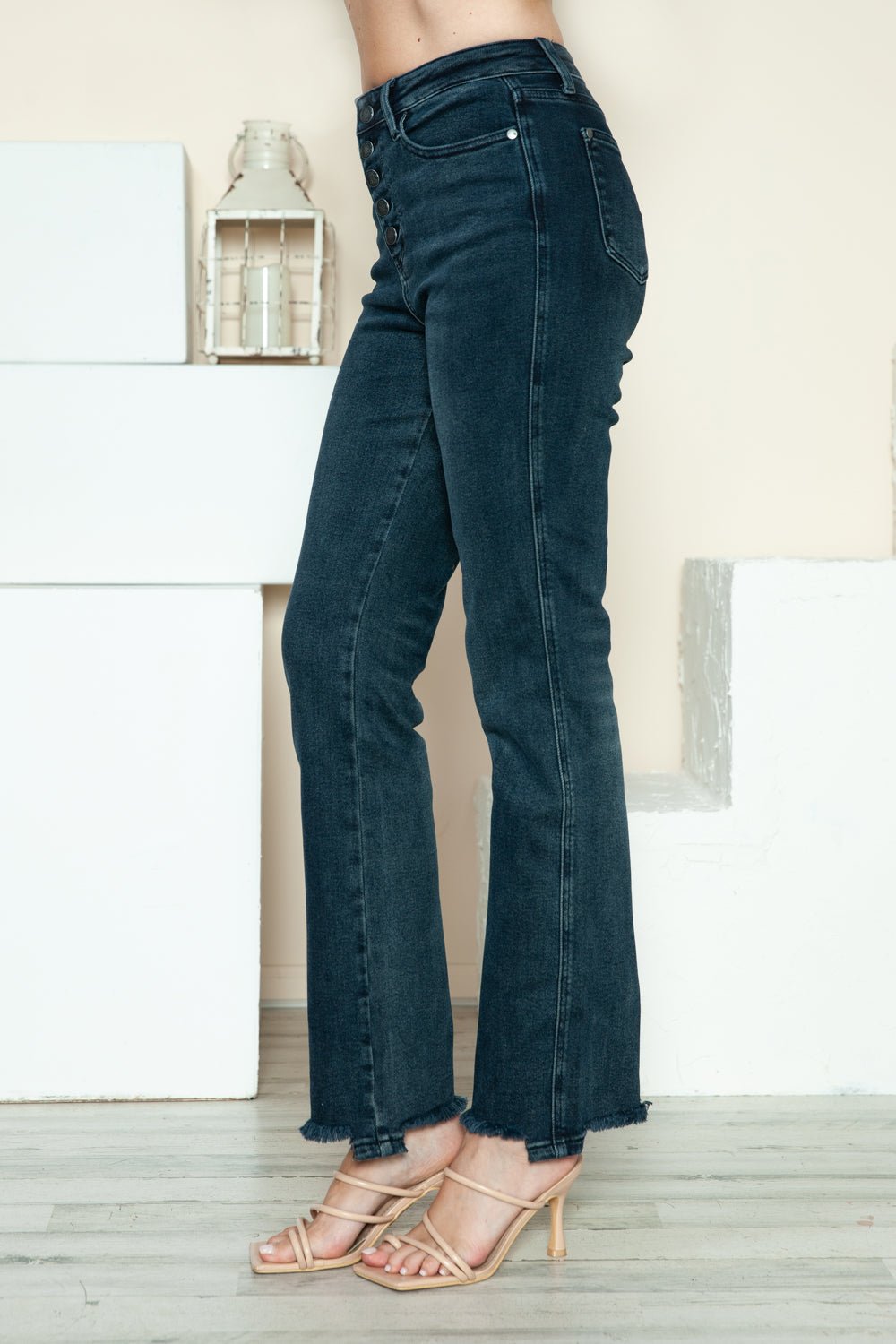 Judy Blue - Dark Wash Button Fly Raw Hem Straight Leg Jeans