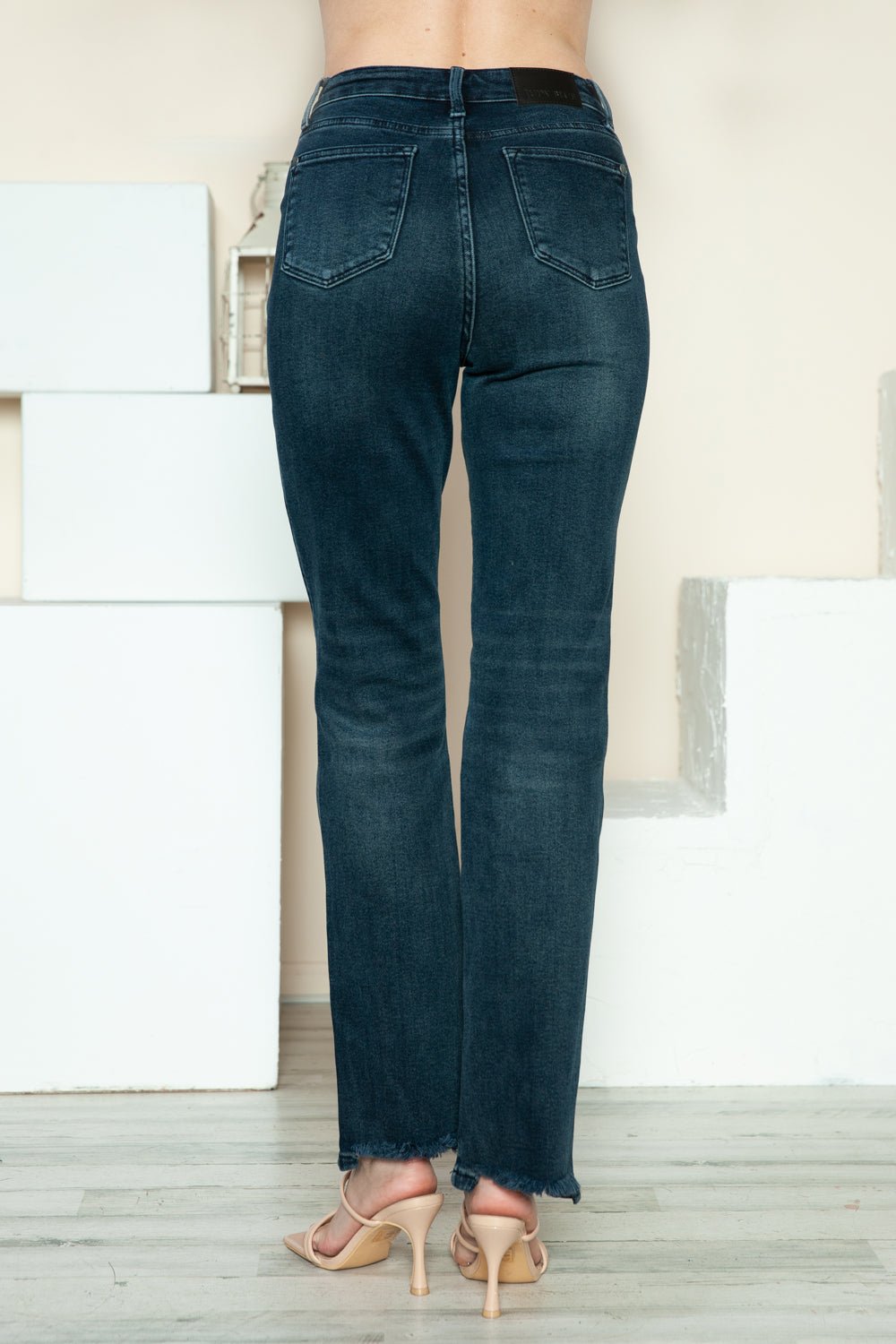 Judy Blue - Dark Wash Button Fly Raw Hem Straight Leg Jeans