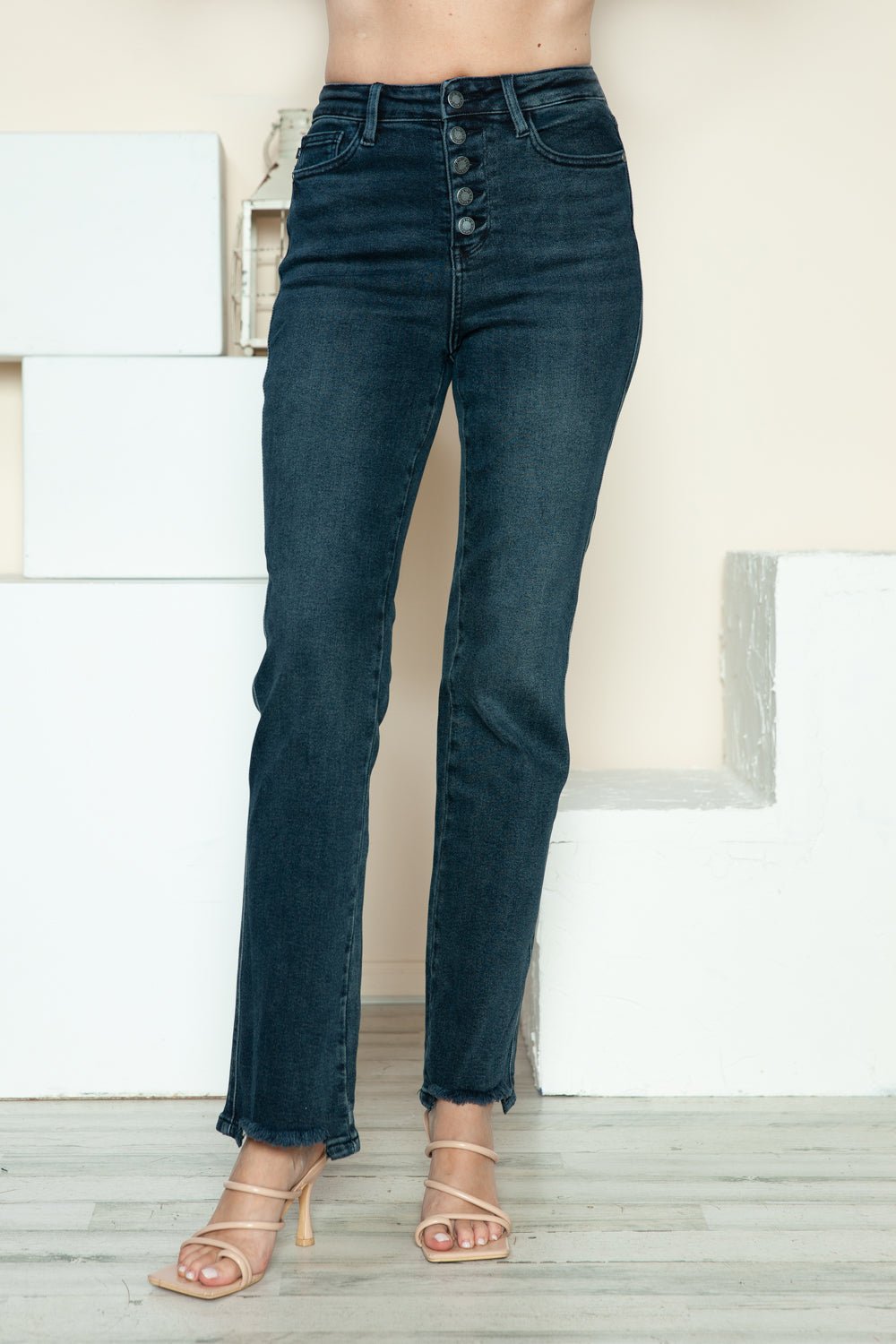 Judy Blue - Dark Wash Button Fly Raw Hem Straight Leg Jeans