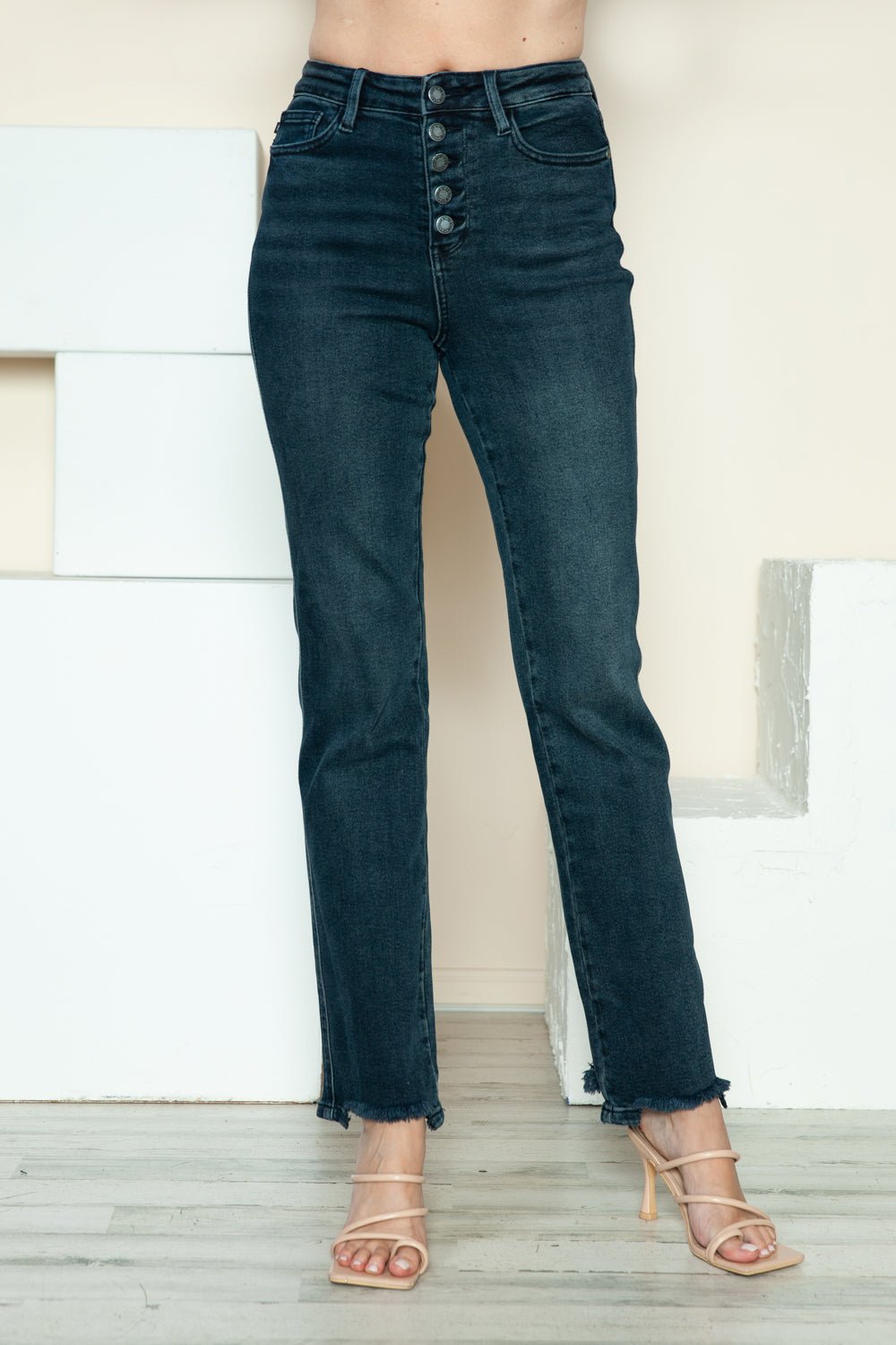 Judy Blue - Dark Wash Button Fly Raw Hem Straight Leg Jeans