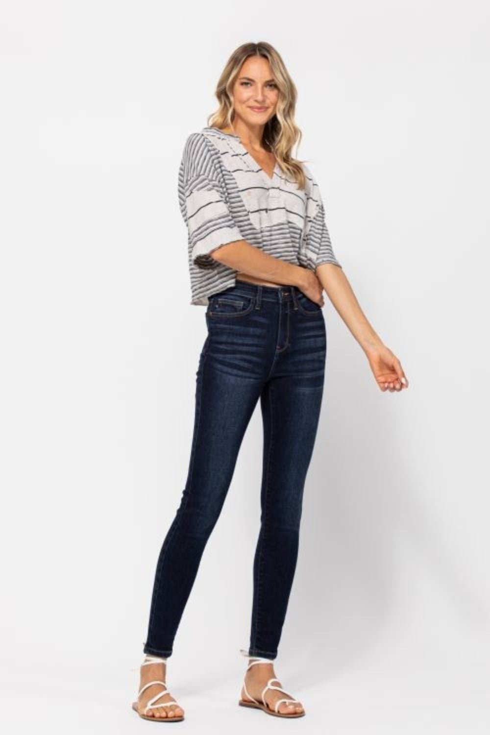 Judy Blue - Dark Wash High Waist Hand Sand Skinny Jeans