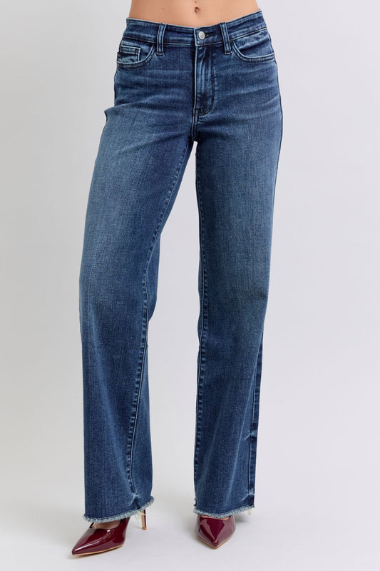 Judy Blue - Dark Wash Raw Hem Mid Rise Jeans