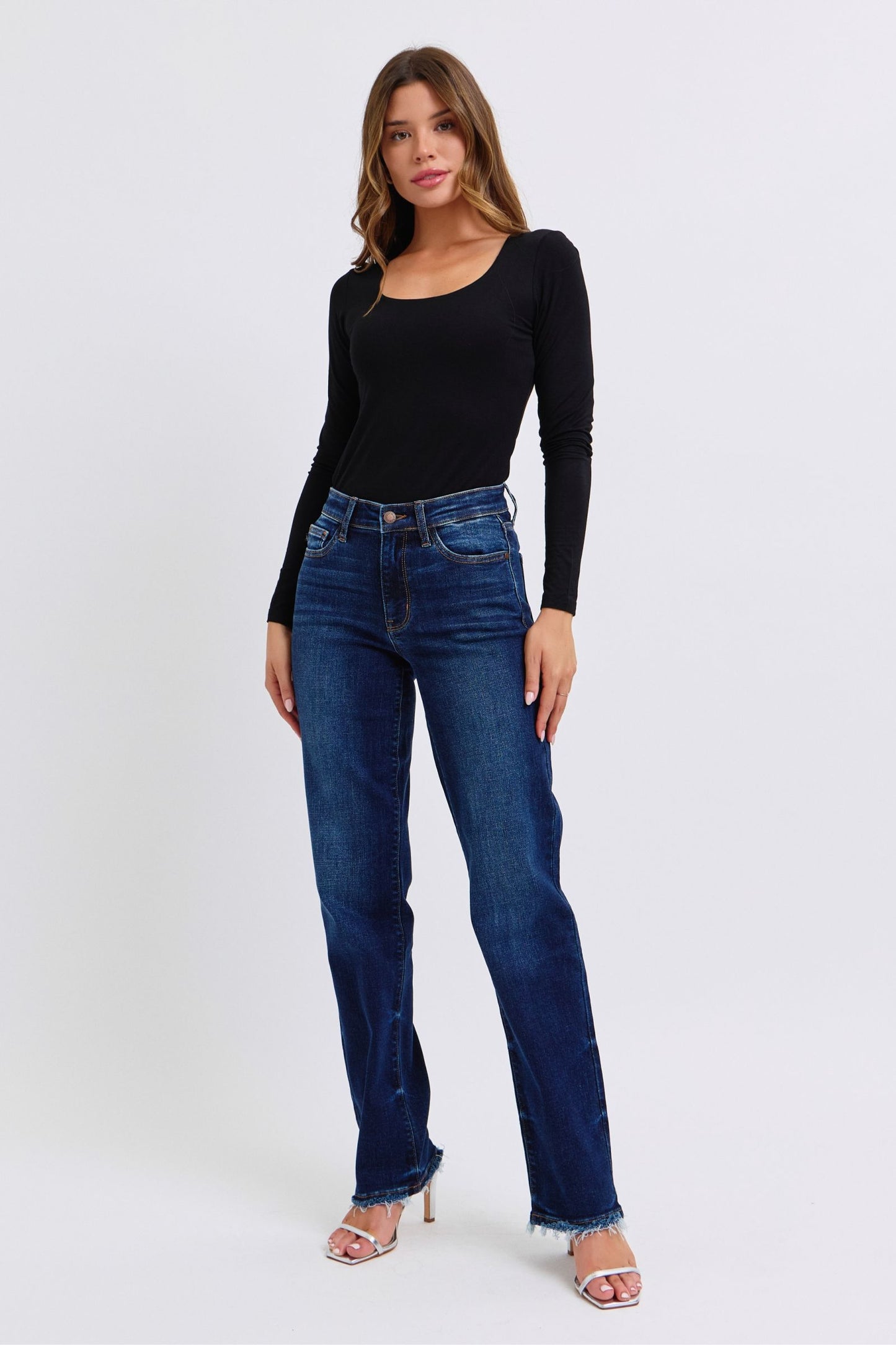 Judy Blue - Dark Wash Raw Hem Straight Leg Jeans