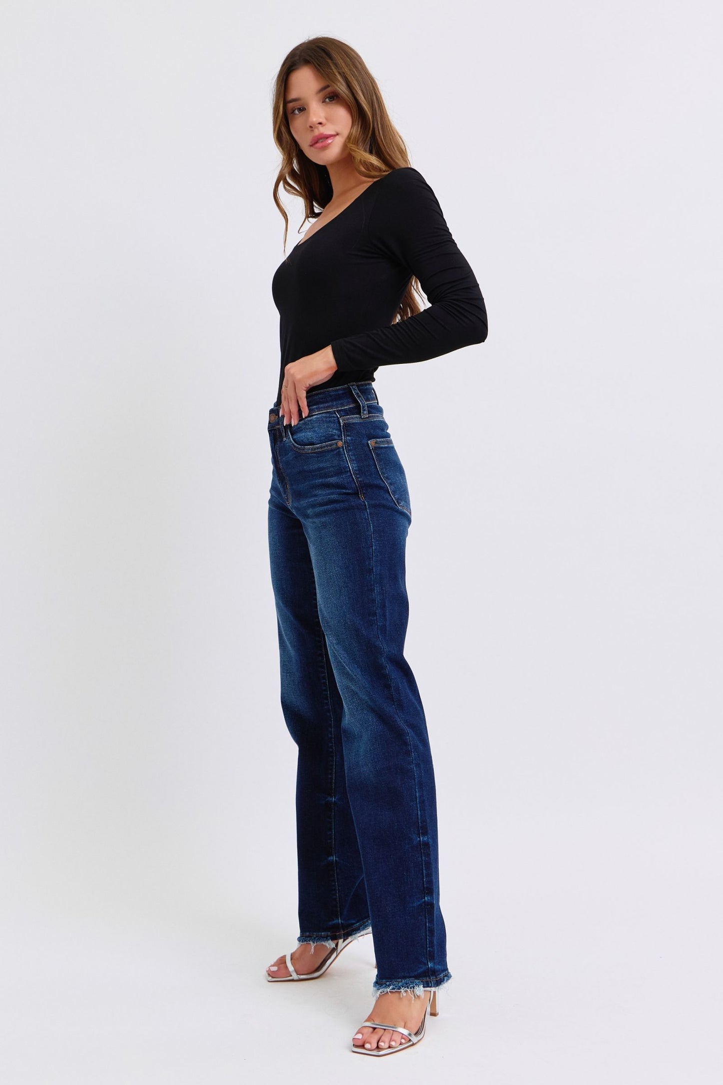 Judy Blue - Dark Wash Raw Hem Straight Leg Jeans