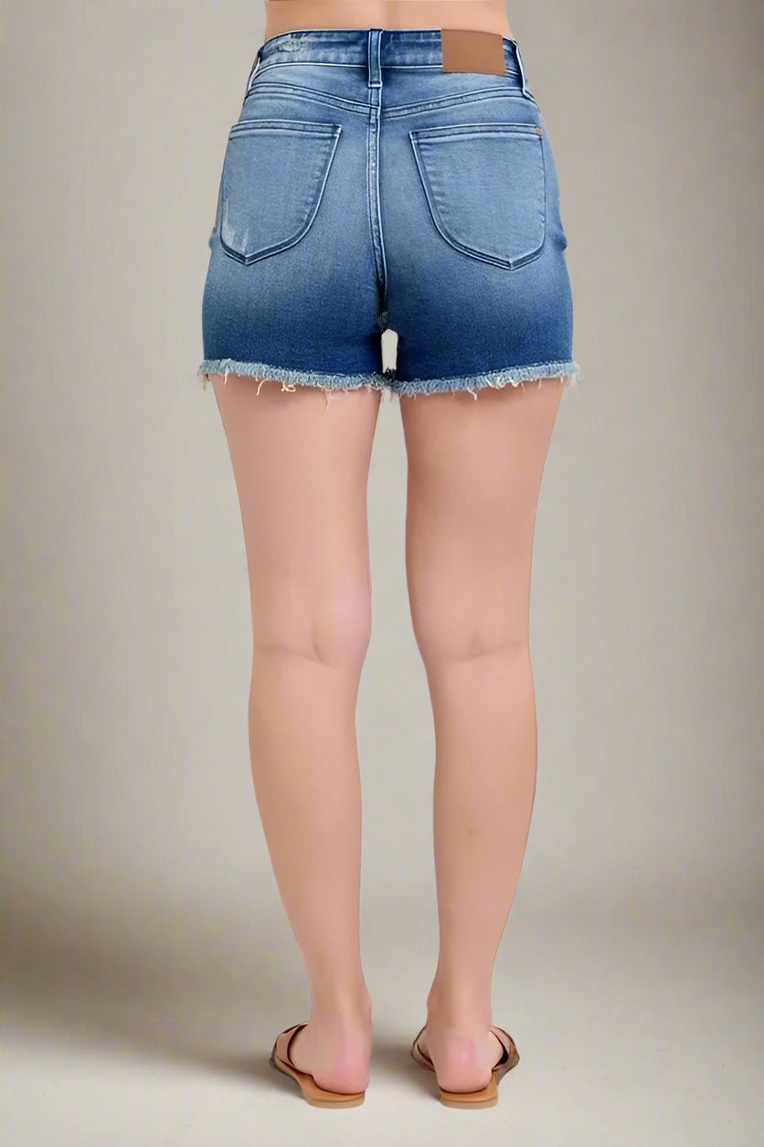 Judy Blue - Frayed Hem Mid - Rise Denim Shorts – Medium Wash