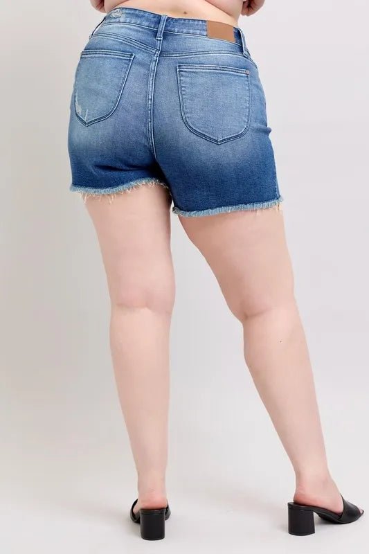 Judy Blue - Frayed Hem Mid - Rise Denim Shorts – Medium Wash