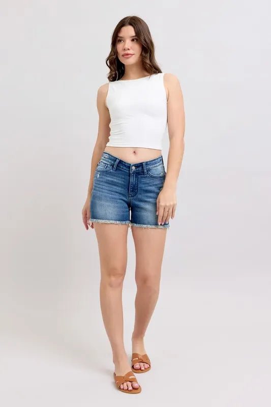 Judy Blue - Frayed Hem Mid - Rise Denim Shorts – Medium Wash
