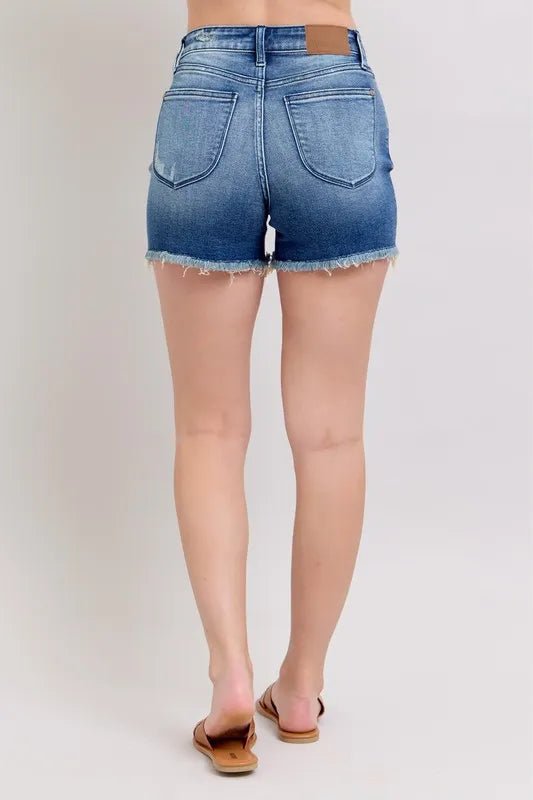 Judy Blue - Frayed Hem Mid - Rise Denim Shorts – Medium Wash