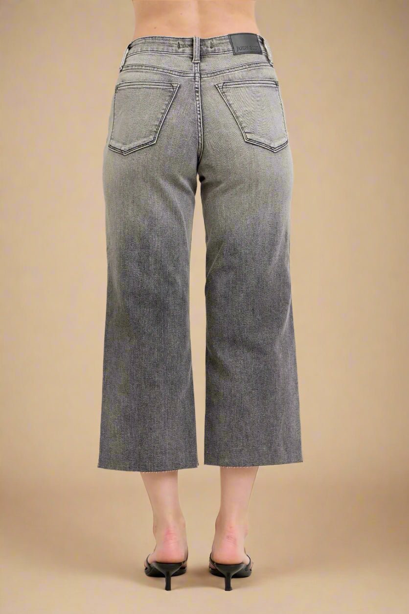 Judy Blue - Gray High Rise Cropped Wide Leg Jeans with Embroidered Pockets