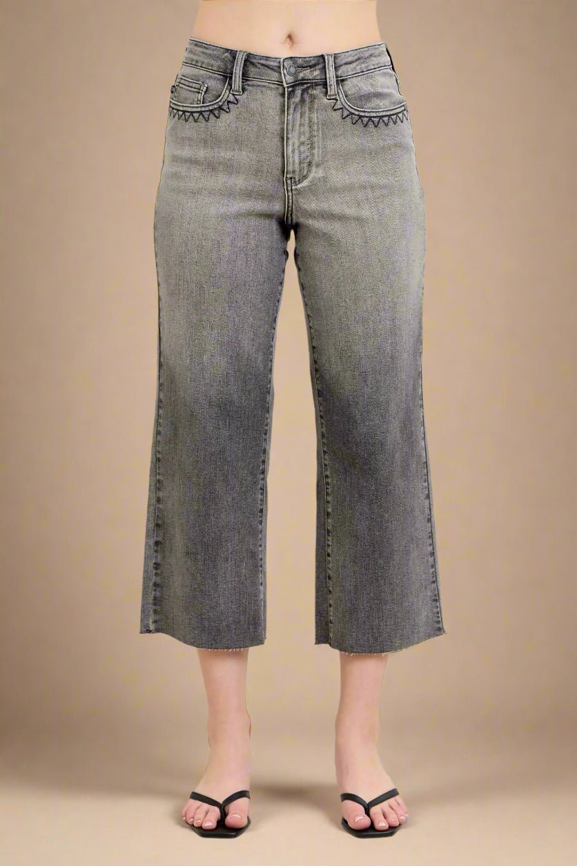 Judy Blue - Gray High Rise Cropped Wide Leg Jeans with Embroidered Pockets