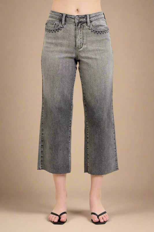 Judy Blue - Gray High Rise Cropped Wide Leg Jeans with Embroidered Pockets
