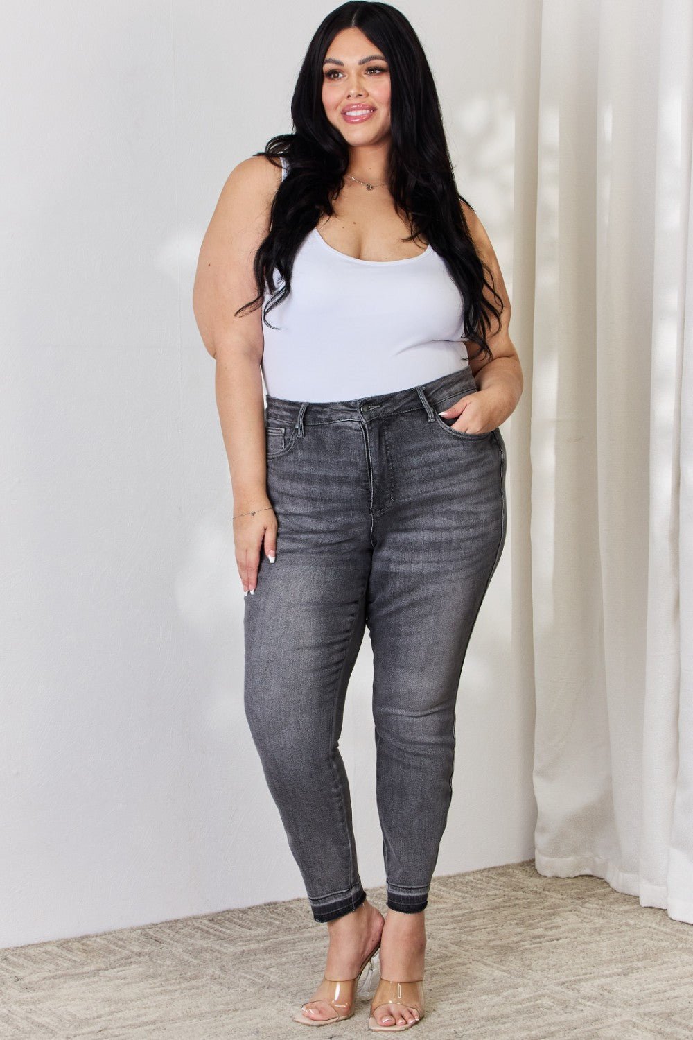 Judy Blue - Grey High Waist Tummy Control Released Hem Skinny Jeans