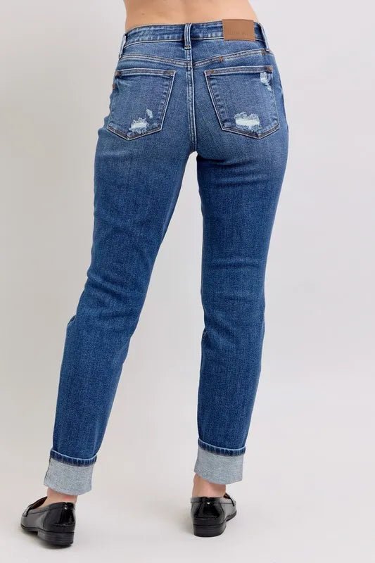 Judy Blue - High Rise Distressed Cuffed Jeans in Medium Wash