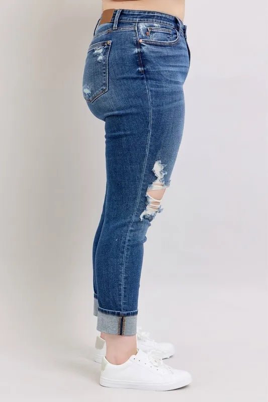 Judy Blue - High Rise Distressed Cuffed Jeans in Medium Wash