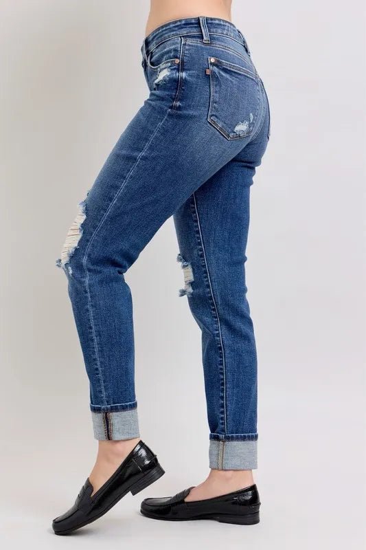Judy Blue - High Rise Distressed Cuffed Jeans in Medium Wash