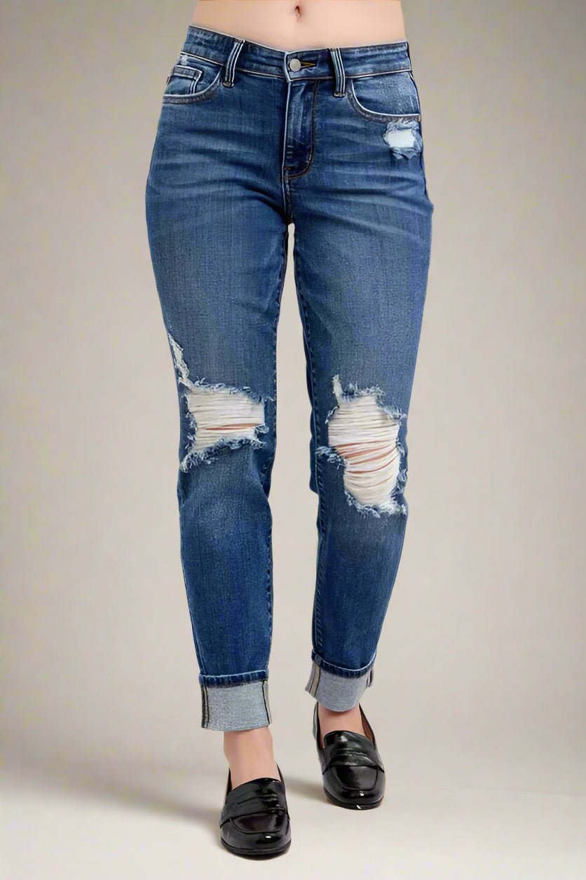 Judy Blue - High Rise Distressed Cuffed Jeans in Medium Wash