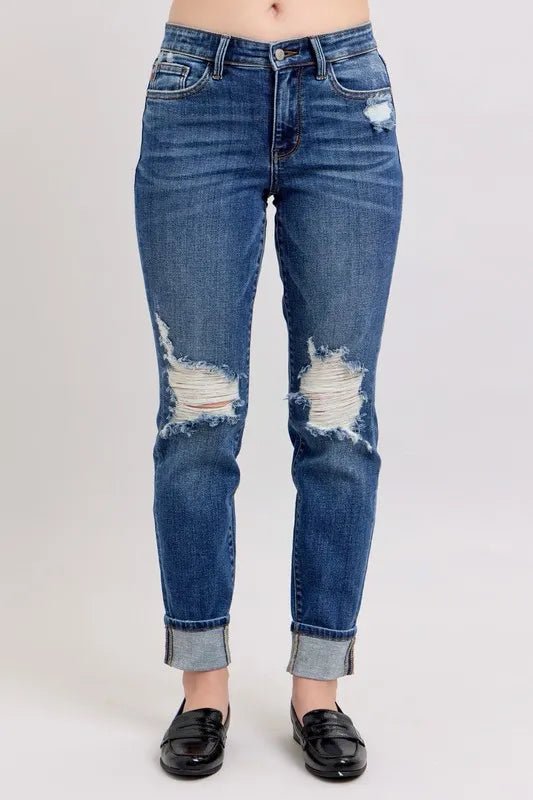 Judy Blue - High Rise Distressed Cuffed Jeans in Medium Wash