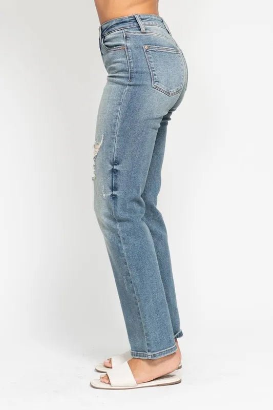 Judy Blue - High Rise Distressed Straight Jeans in Light Wash