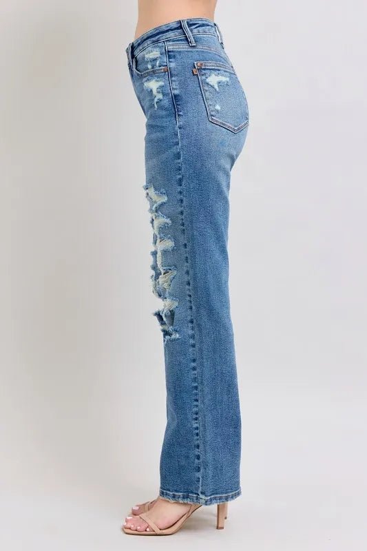 Judy Blue - High Rise Distressed Straight Jeans – Medium Wash Ripped