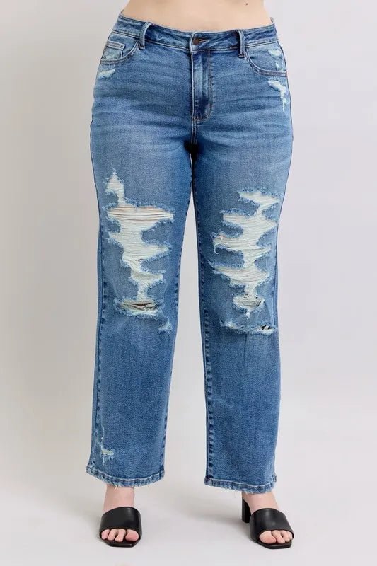 Judy Blue - High Rise Distressed Straight Jeans – Medium Wash Ripped