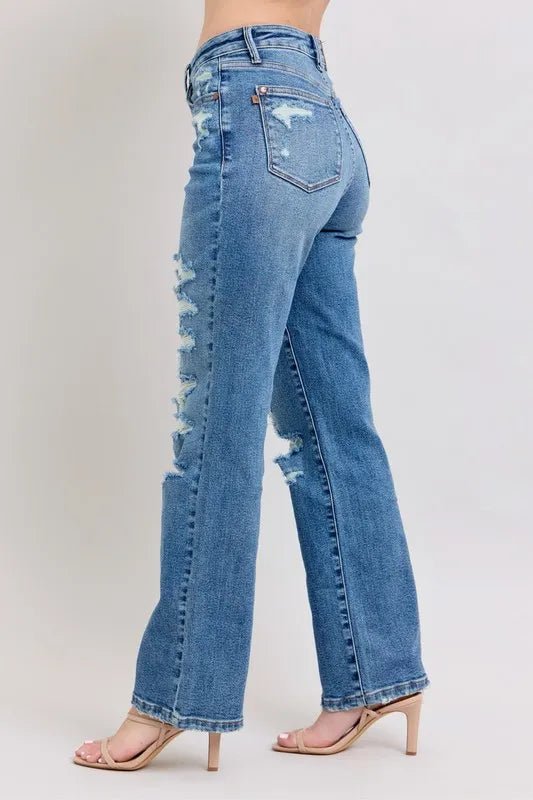 Judy Blue - High Rise Distressed Straight Jeans – Medium Wash Ripped