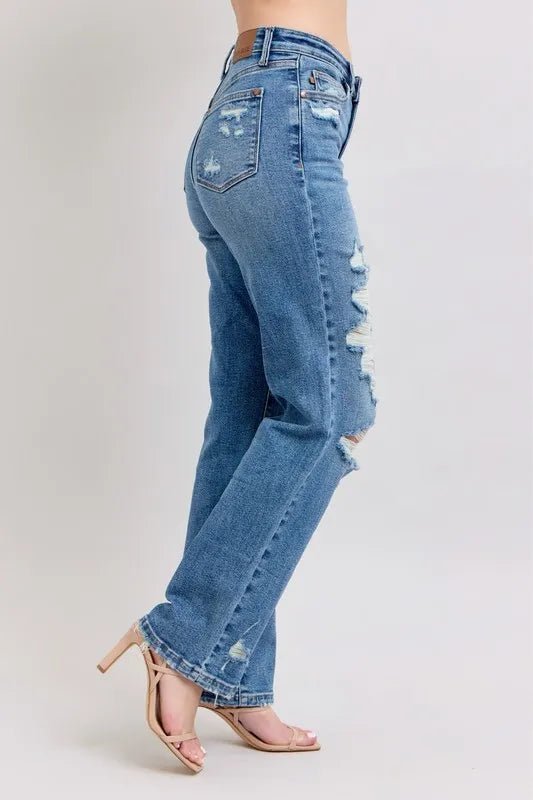 Judy Blue - High Rise Distressed Straight Jeans – Medium Wash Ripped