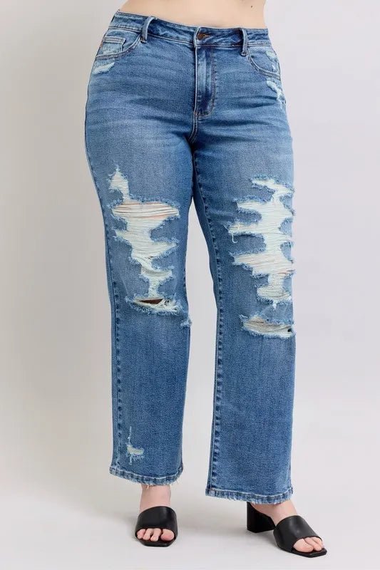 Judy Blue - High Rise Distressed Straight Jeans – Medium Wash Ripped