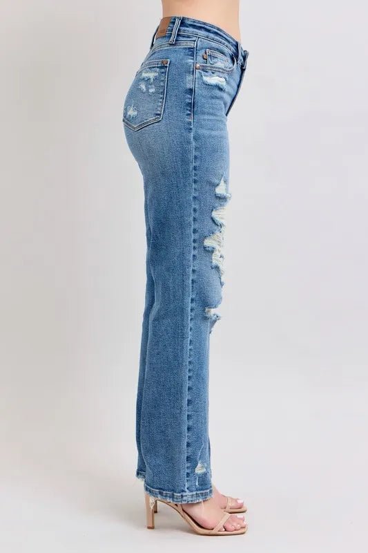 Judy Blue - High Rise Distressed Straight Jeans – Medium Wash Ripped