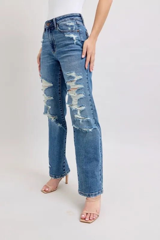 Judy Blue - High Rise Distressed Straight Jeans – Medium Wash Ripped