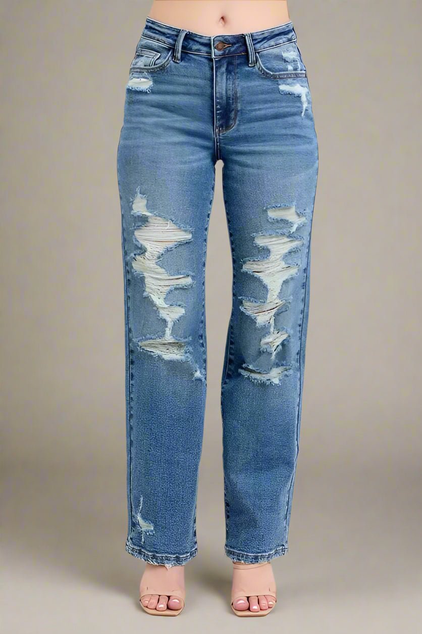 Judy Blue - High Rise Distressed Straight Jeans – Medium Wash Ripped