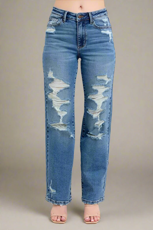 Judy Blue - High Rise Distressed Straight Jeans – Medium Wash Ripped