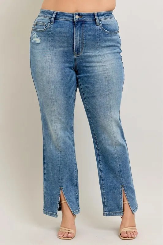 Judy Blue - High Rise Front Slit Straight Jeans – Medium Wash Distressed