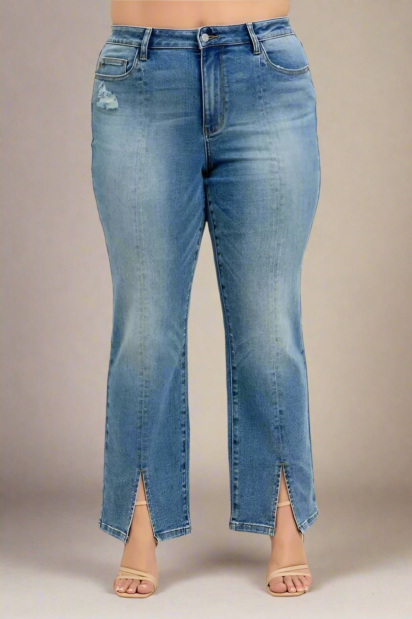 Judy Blue - High Rise Front Slit Straight Jeans – Medium Wash Distressed