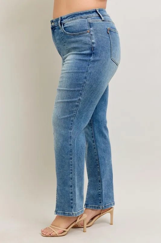 Judy Blue - High Rise Front Slit Straight Jeans – Medium Wash Distressed