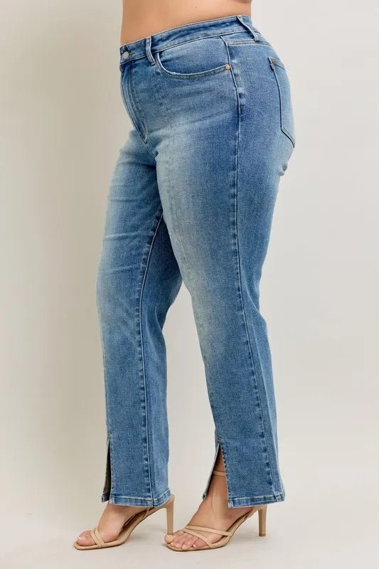Judy Blue - High Rise Front Slit Straight Jeans – Medium Wash Distressed