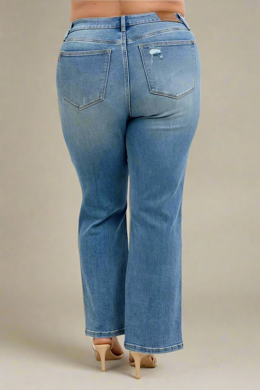 Judy Blue - High Rise Front Slit Straight Jeans – Medium Wash Distressed