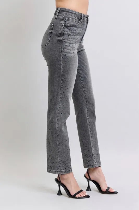Judy Blue - High Rise Rhinestone Straight Jeans in Charcoal Wash