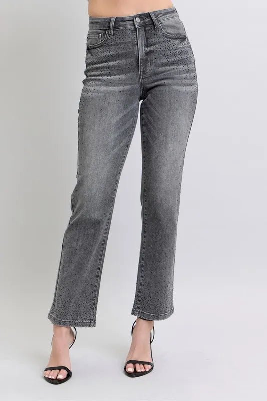 Judy Blue - High Rise Rhinestone Straight Jeans in Charcoal Wash