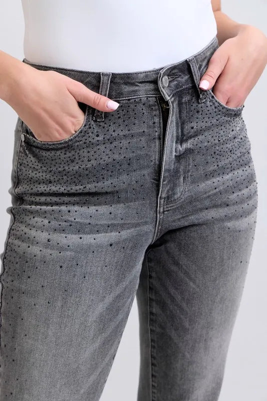 Judy Blue - High Rise Rhinestone Straight Jeans in Charcoal Wash