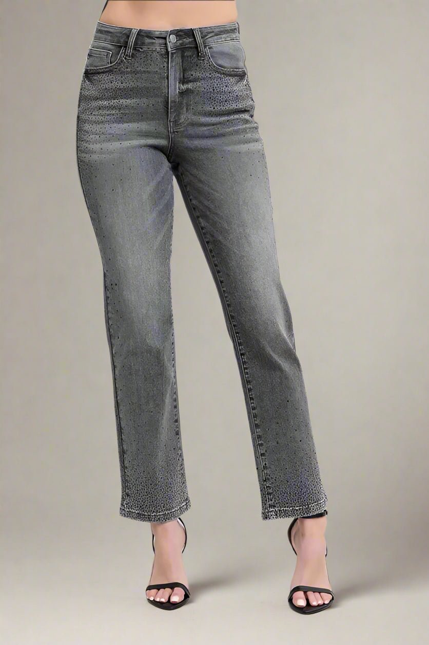 Judy Blue - High Rise Rhinestone Straight Jeans in Charcoal Wash