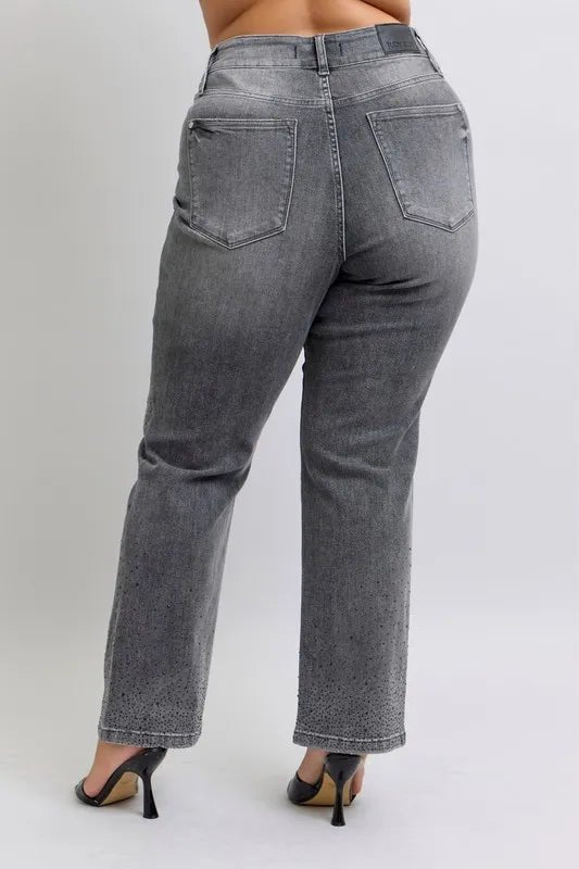 Judy Blue - High Rise Rhinestone Straight Jeans in Charcoal Wash