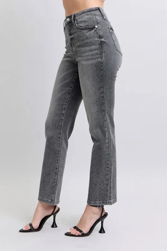 Judy Blue - High Rise Rhinestone Straight Jeans in Charcoal Wash