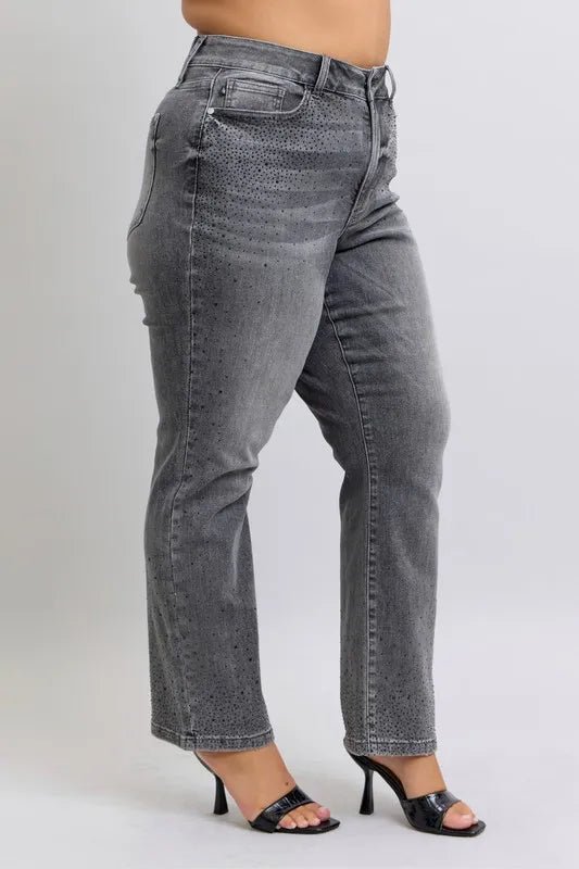 Judy Blue - High Rise Rhinestone Straight Jeans in Charcoal Wash
