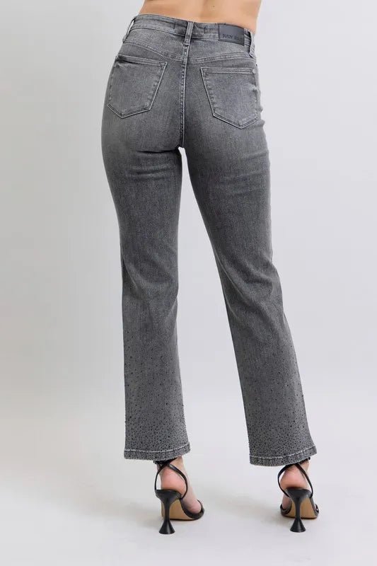 Judy Blue - High Rise Rhinestone Straight Jeans in Charcoal Wash