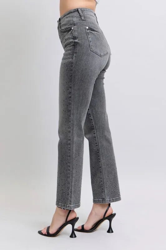 Judy Blue - High Rise Rhinestone Straight Jeans in Charcoal Wash
